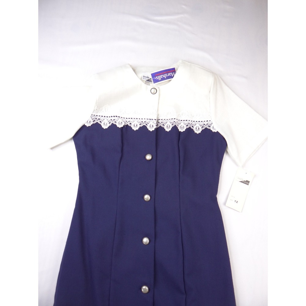 NWT Vintage Sunshine Starshine Women Navy White Pleated Drop Lace Waist Dress 12 - Picture 8 of 10